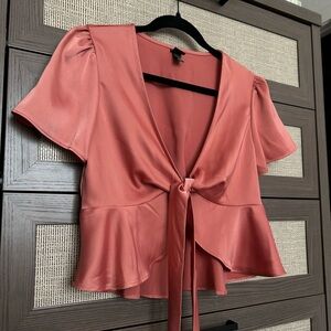 Silky Cropped Tie Front Blouse